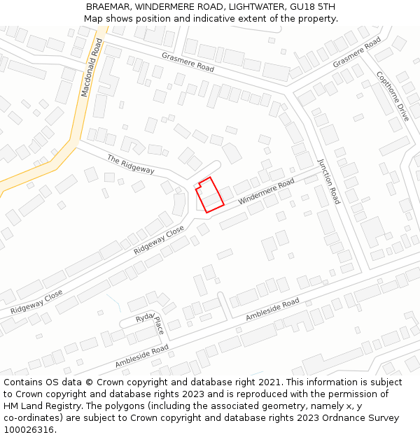 BRAEMAR, WINDERMERE ROAD, LIGHTWATER, GU18 5TH: Location map and indicative extent of plot