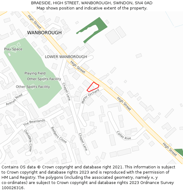 BRAESIDE, HIGH STREET, WANBOROUGH, SWINDON, SN4 0AD: Location map and indicative extent of plot