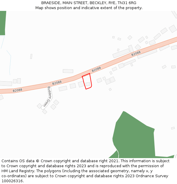 BRAESIDE, MAIN STREET, BECKLEY, RYE, TN31 6RG: Location map and indicative extent of plot