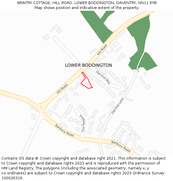 BRAITRY COTTAGE, HILL ROAD, LOWER BODDINGTON, DAVENTRY, NN11 6YB: Location map and indicative extent of plot