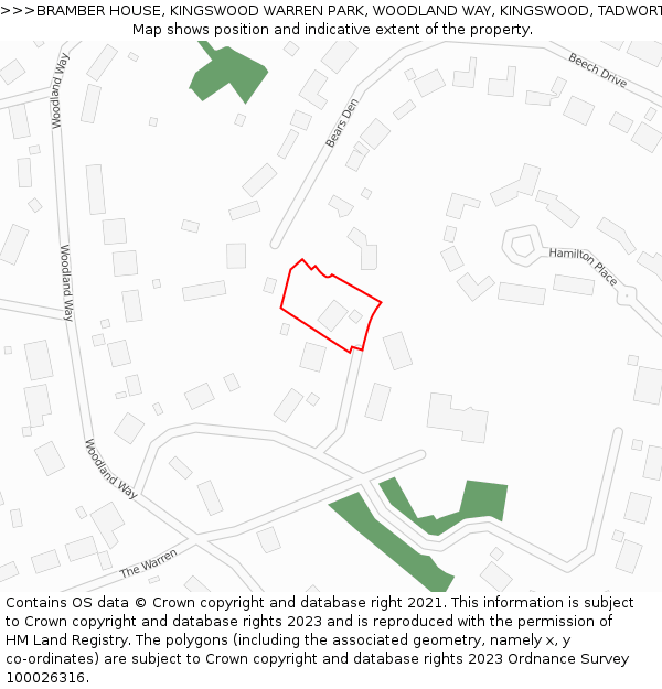 BRAMBER HOUSE, KINGSWOOD WARREN PARK, WOODLAND WAY, KINGSWOOD, TADWORTH, KT20 6AD: Location map and indicative extent of plot