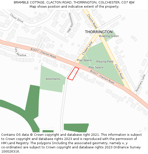 BRAMBLE COTTAGE, CLACTON ROAD, THORRINGTON, COLCHESTER, CO7 8JW: Location map and indicative extent of plot