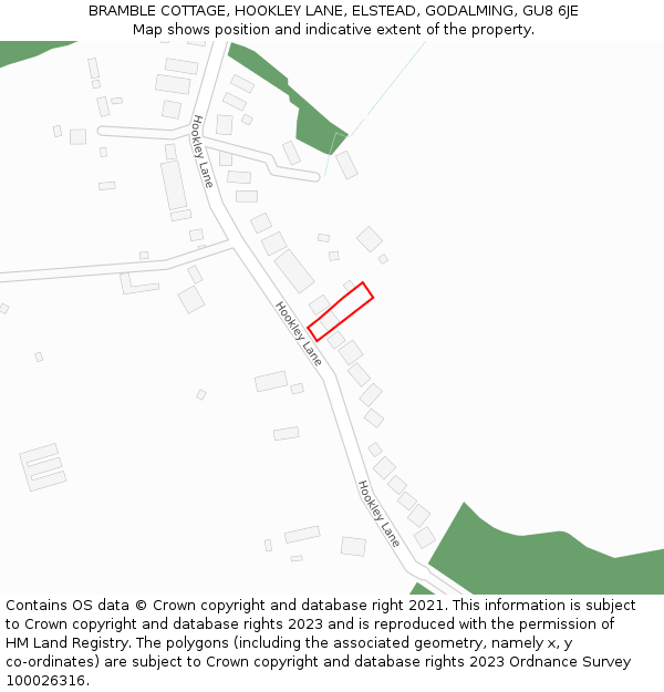BRAMBLE COTTAGE, HOOKLEY LANE, ELSTEAD, GODALMING, GU8 6JE: Location map and indicative extent of plot