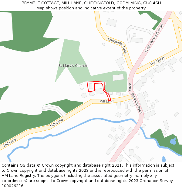 BRAMBLE COTTAGE, MILL LANE, CHIDDINGFOLD, GODALMING, GU8 4SH: Location map and indicative extent of plot