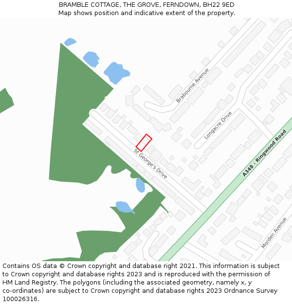 BRAMBLE COTTAGE, THE GROVE, FERNDOWN, BH22 9ED: Location map and indicative extent of plot