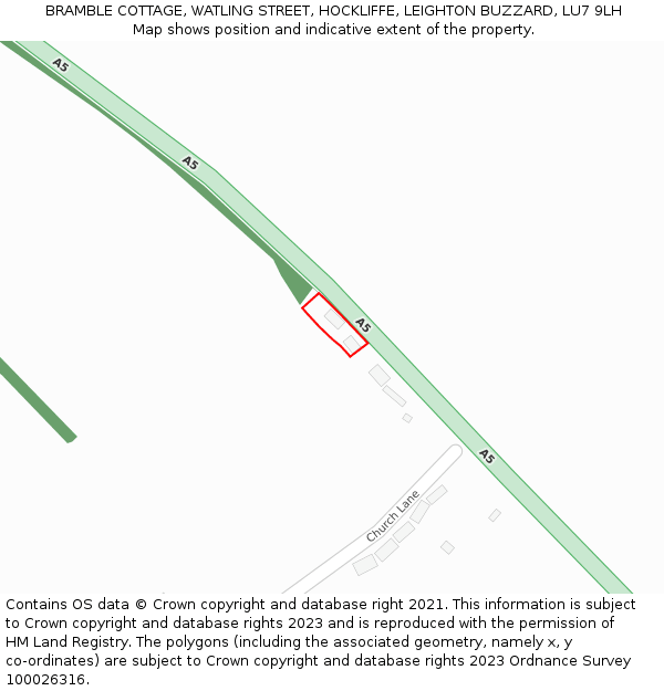 BRAMBLE COTTAGE, WATLING STREET, HOCKLIFFE, LEIGHTON BUZZARD, LU7 9LH: Location map and indicative extent of plot
