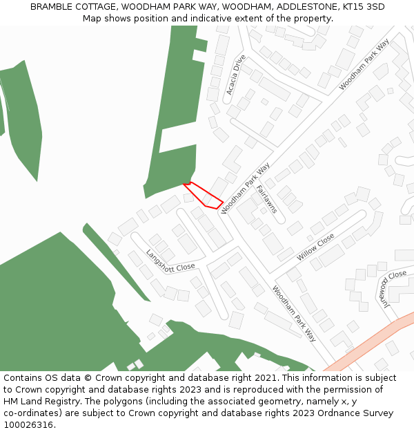 BRAMBLE COTTAGE, WOODHAM PARK WAY, WOODHAM, ADDLESTONE, KT15 3SD: Location map and indicative extent of plot