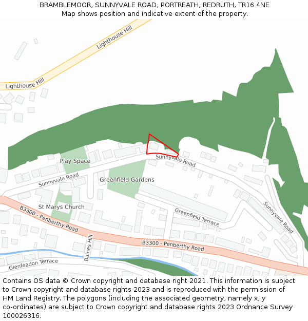 BRAMBLEMOOR, SUNNYVALE ROAD, PORTREATH, REDRUTH, TR16 4NE: Location map and indicative extent of plot