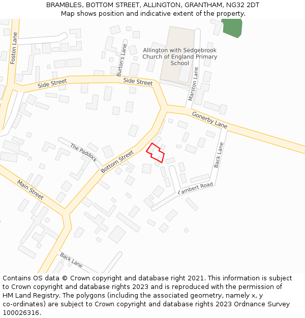 BRAMBLES, BOTTOM STREET, ALLINGTON, GRANTHAM, NG32 2DT: Location map and indicative extent of plot