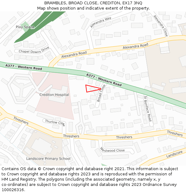 BRAMBLES, BROAD CLOSE, CREDITON, EX17 3NQ: Location map and indicative extent of plot