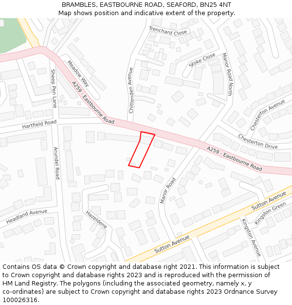 BRAMBLES, EASTBOURNE ROAD, SEAFORD, BN25 4NT: Location map and indicative extent of plot