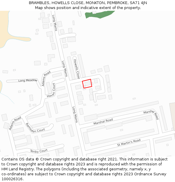 BRAMBLES, HOWELLS CLOSE, MONKTON, PEMBROKE, SA71 4JN: Location map and indicative extent of plot