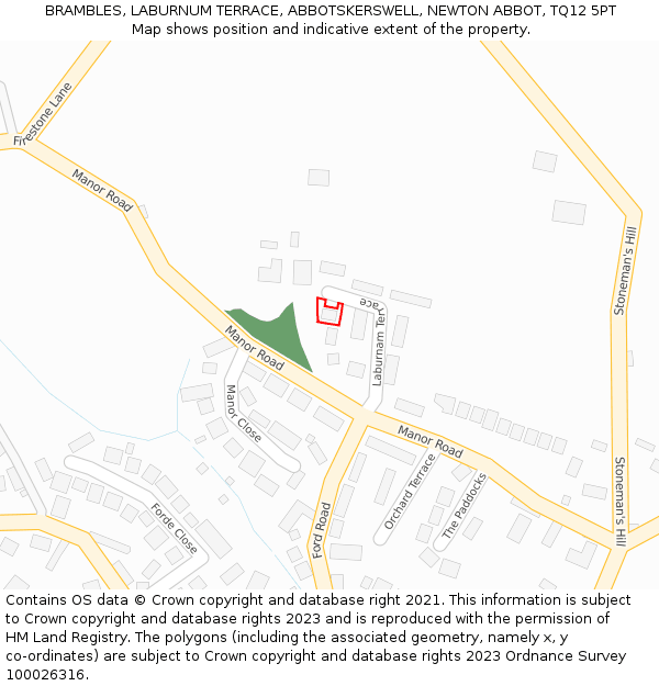 BRAMBLES, LABURNUM TERRACE, ABBOTSKERSWELL, NEWTON ABBOT, TQ12 5PT: Location map and indicative extent of plot