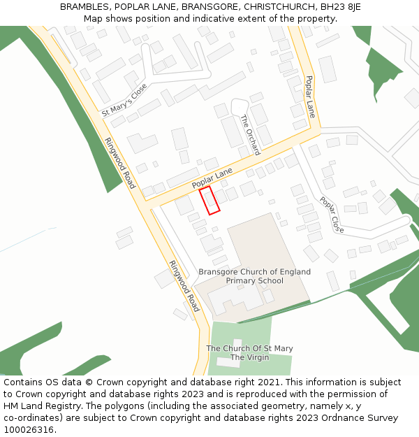 BRAMBLES, POPLAR LANE, BRANSGORE, CHRISTCHURCH, BH23 8JE: Location map and indicative extent of plot