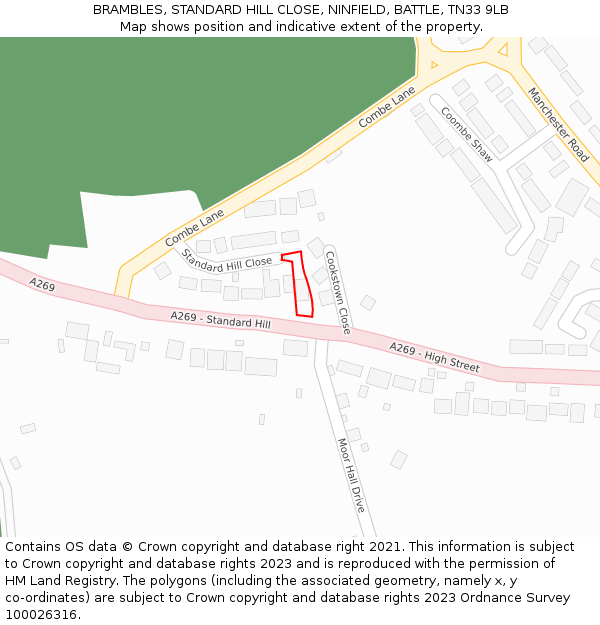 BRAMBLES, STANDARD HILL CLOSE, NINFIELD, BATTLE, TN33 9LB: Location map and indicative extent of plot