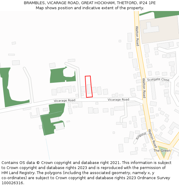 BRAMBLES, VICARAGE ROAD, GREAT HOCKHAM, THETFORD, IP24 1PE: Location map and indicative extent of plot