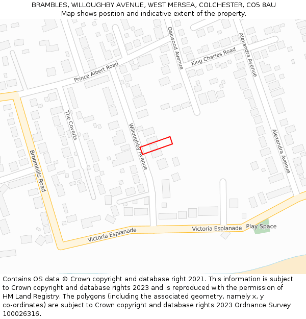 BRAMBLES, WILLOUGHBY AVENUE, WEST MERSEA, COLCHESTER, CO5 8AU: Location map and indicative extent of plot