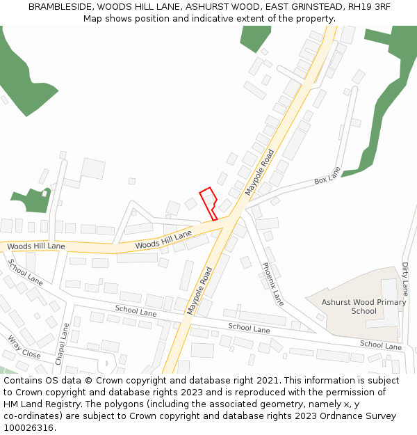 BRAMBLESIDE, WOODS HILL LANE, ASHURST WOOD, EAST GRINSTEAD, RH19 3RF: Location map and indicative extent of plot