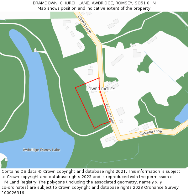 BRAMDOWN, CHURCH LANE, AWBRIDGE, ROMSEY, SO51 0HN: Location map and indicative extent of plot