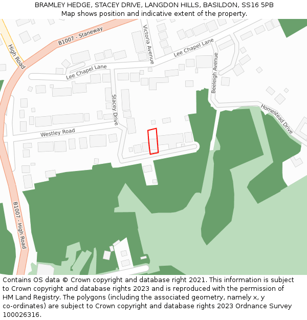 BRAMLEY HEDGE, STACEY DRIVE, LANGDON HILLS, BASILDON, SS16 5PB: Location map and indicative extent of plot