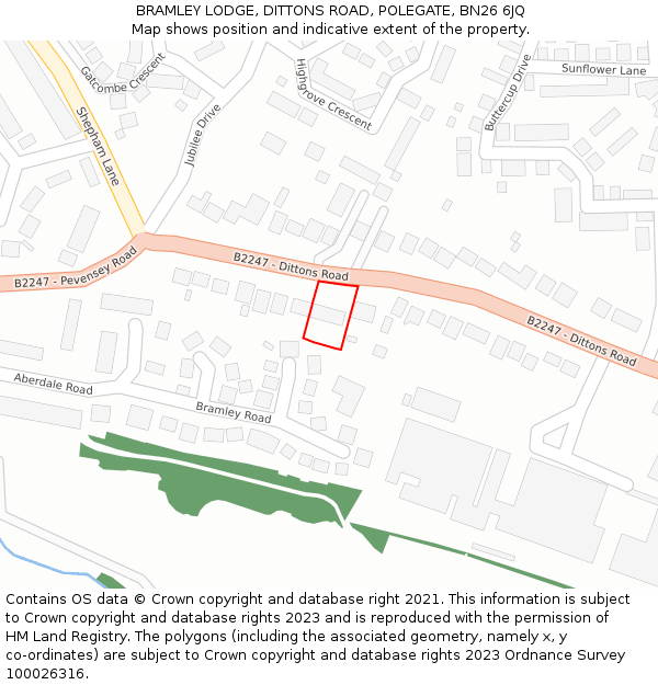 BRAMLEY LODGE, DITTONS ROAD, POLEGATE, BN26 6JQ: Location map and indicative extent of plot