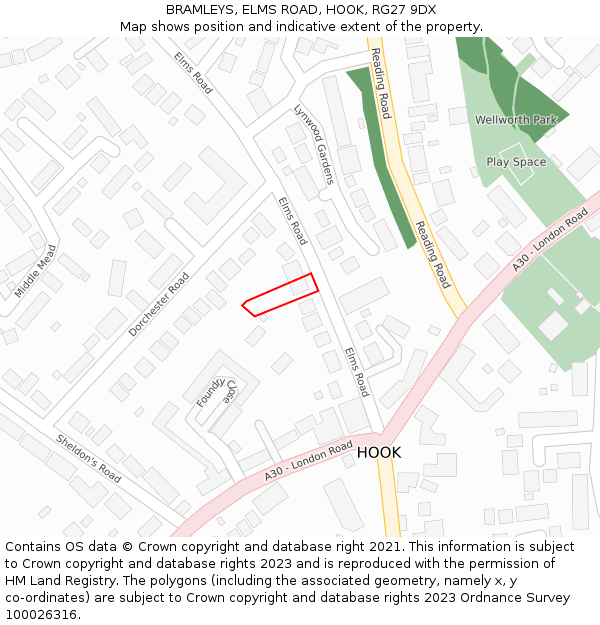 BRAMLEYS, ELMS ROAD, HOOK, RG27 9DX: Location map and indicative extent of plot