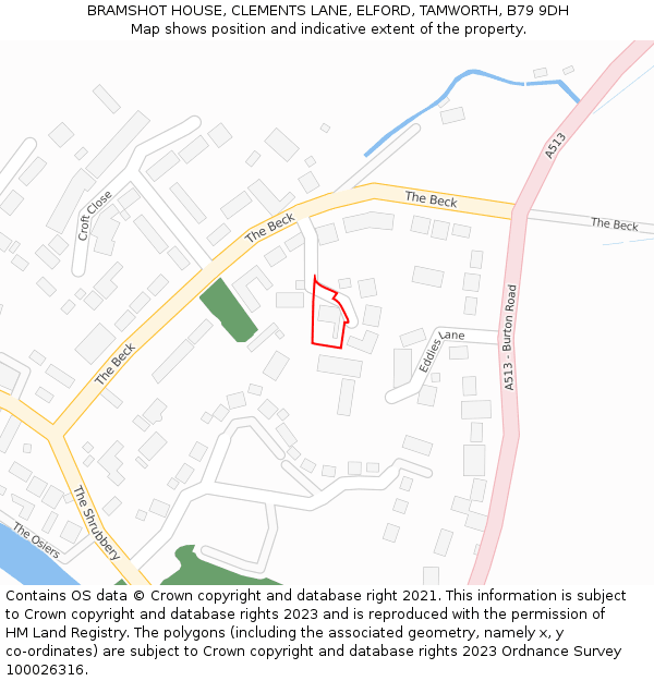 BRAMSHOT HOUSE, CLEMENTS LANE, ELFORD, TAMWORTH, B79 9DH: Location map and indicative extent of plot