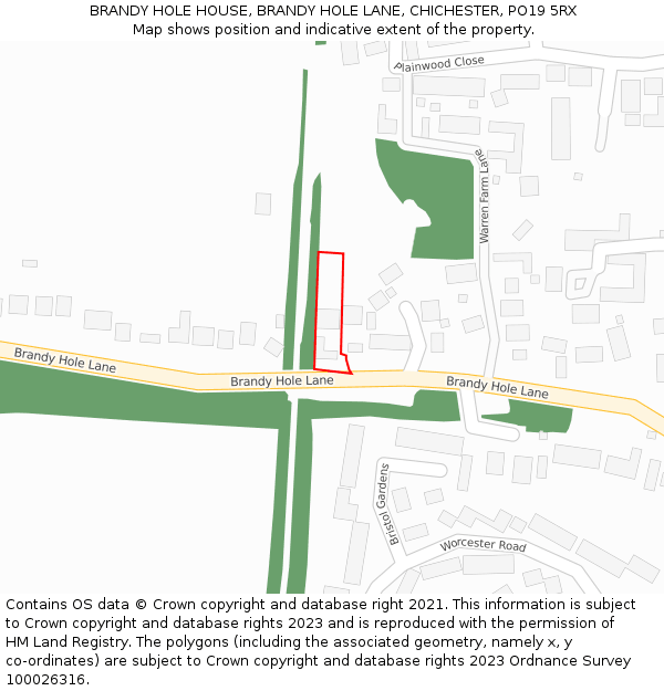 BRANDY HOLE HOUSE, BRANDY HOLE LANE, CHICHESTER, PO19 5RX: Location map and indicative extent of plot