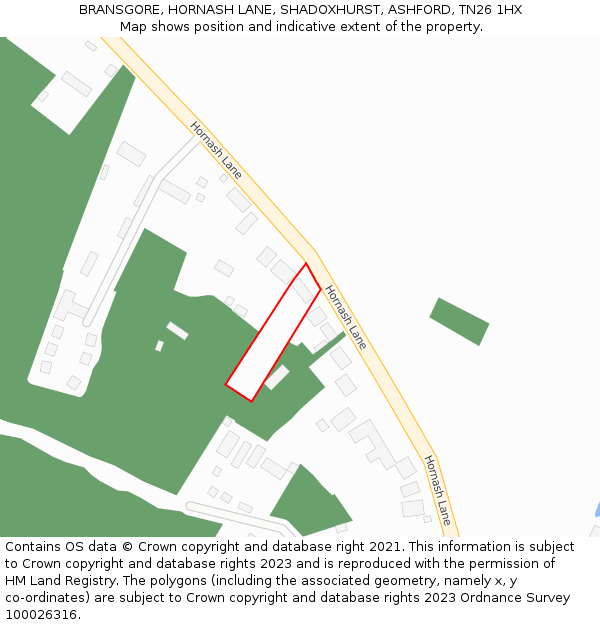 BRANSGORE, HORNASH LANE, SHADOXHURST, ASHFORD, TN26 1HX: Location map and indicative extent of plot