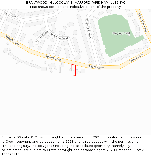 BRANTWOOD, HILLOCK LANE, MARFORD, WREXHAM, LL12 8YG: Location map and indicative extent of plot