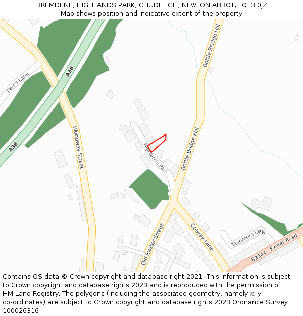 BREMDENE, HIGHLANDS PARK, CHUDLEIGH, NEWTON ABBOT, TQ13 0JZ: Location map and indicative extent of plot