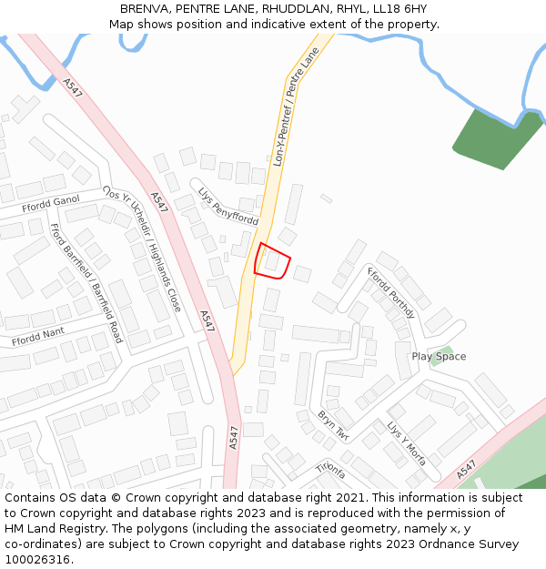 BRENVA, PENTRE LANE, RHUDDLAN, RHYL, LL18 6HY: Location map and indicative extent of plot