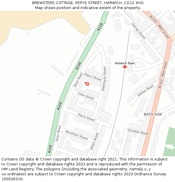 BREWSTERS COTTAGE, PEPYS STREET, HARWICH, CO12 3HG: Location map and indicative extent of plot