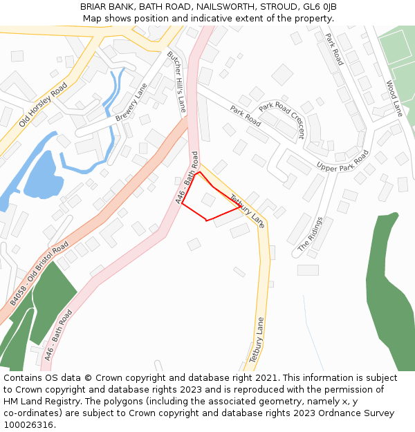 BRIAR BANK, BATH ROAD, NAILSWORTH, STROUD, GL6 0JB: Location map and indicative extent of plot