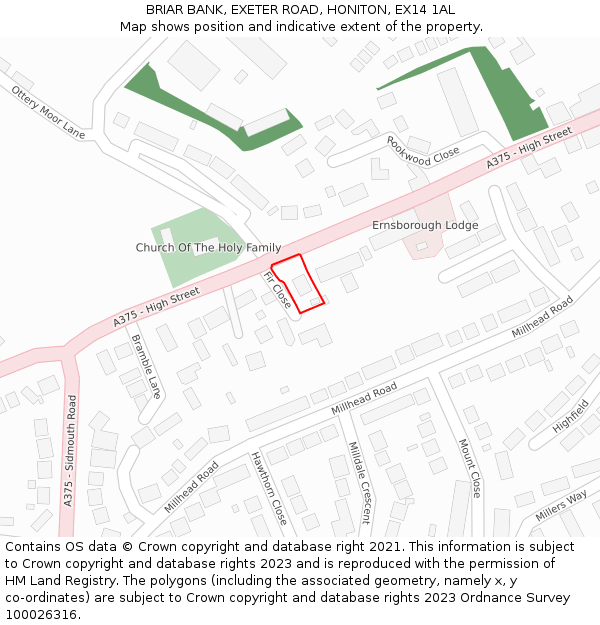 BRIAR BANK, EXETER ROAD, HONITON, EX14 1AL: Location map and indicative extent of plot