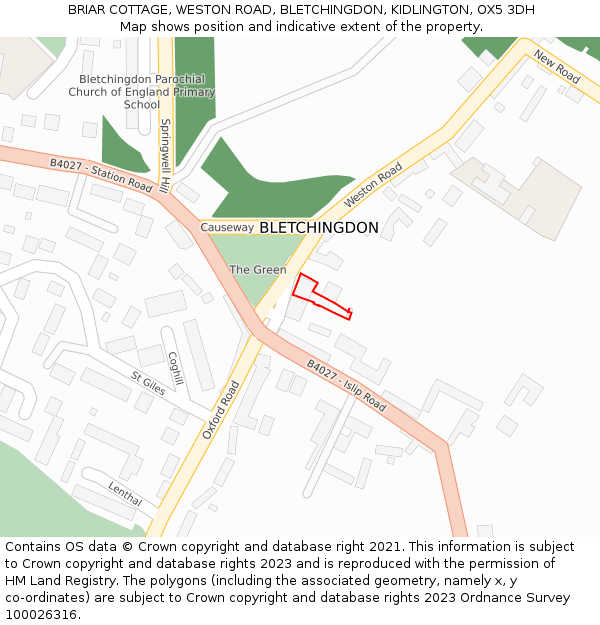 BRIAR COTTAGE, WESTON ROAD, BLETCHINGDON, KIDLINGTON, OX5 3DH: Location map and indicative extent of plot