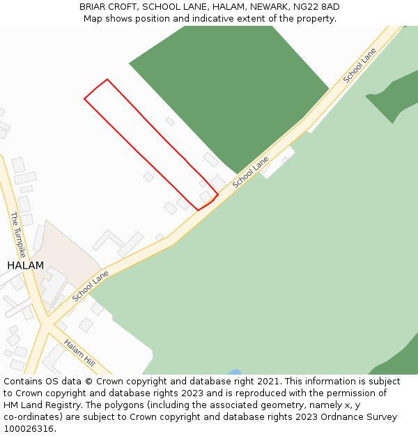 BRIAR CROFT, SCHOOL LANE, HALAM, NEWARK, NG22 8AD: Location map and indicative extent of plot