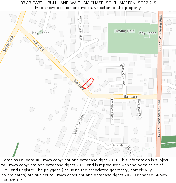 BRIAR GARTH, BULL LANE, WALTHAM CHASE, SOUTHAMPTON, SO32 2LS: Location map and indicative extent of plot