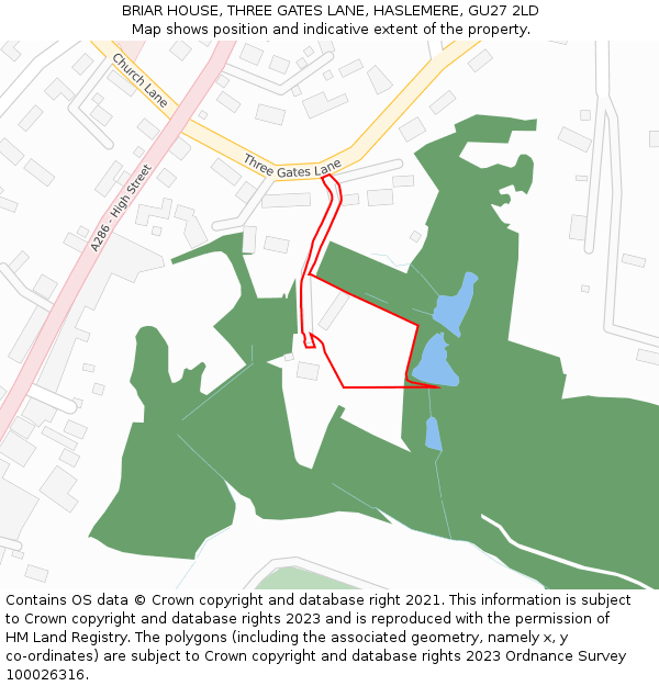 BRIAR HOUSE, THREE GATES LANE, HASLEMERE, GU27 2LD: Location map and indicative extent of plot