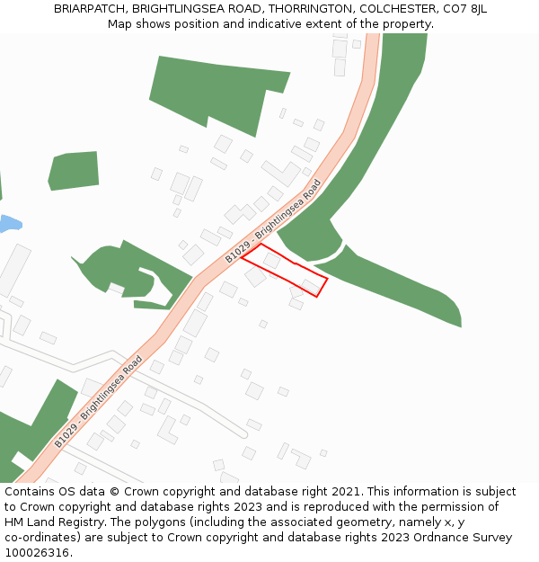 BRIARPATCH, BRIGHTLINGSEA ROAD, THORRINGTON, COLCHESTER, CO7 8JL: Location map and indicative extent of plot