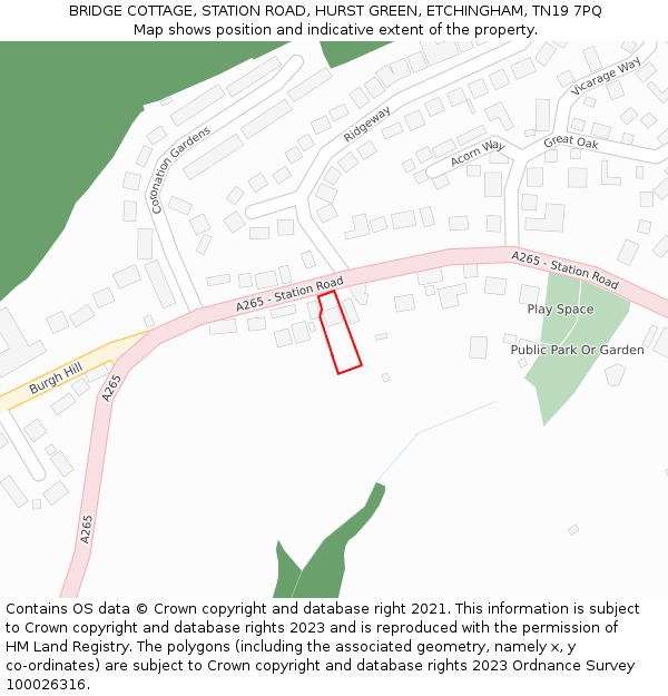 BRIDGE COTTAGE, STATION ROAD, HURST GREEN, ETCHINGHAM, TN19 7PQ: Location map and indicative extent of plot