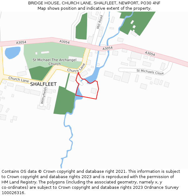 BRIDGE HOUSE, CHURCH LANE, SHALFLEET, NEWPORT, PO30 4NF: Location map and indicative extent of plot