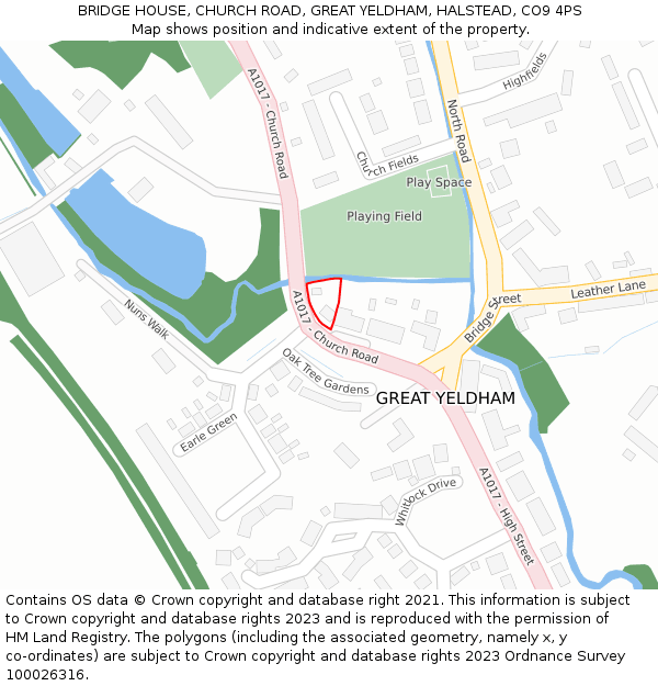 BRIDGE HOUSE, CHURCH ROAD, GREAT YELDHAM, HALSTEAD, CO9 4PS: Location map and indicative extent of plot