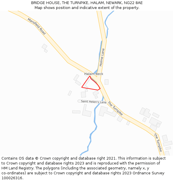 BRIDGE HOUSE, THE TURNPIKE, HALAM, NEWARK, NG22 8AE: Location map and indicative extent of plot