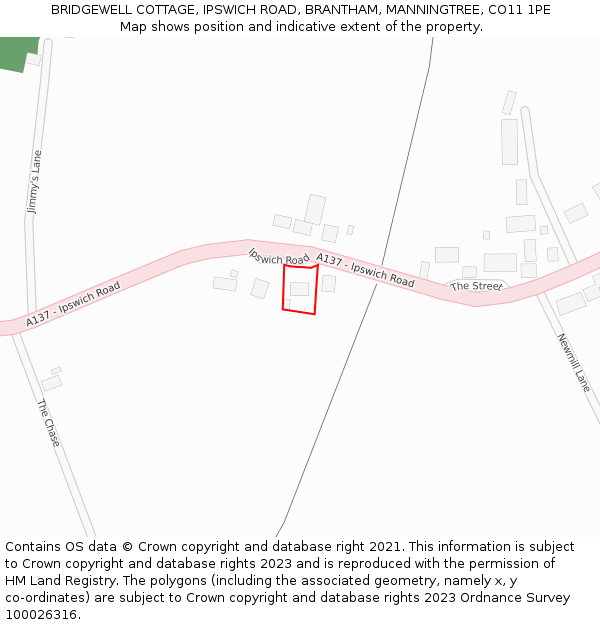 BRIDGEWELL COTTAGE, IPSWICH ROAD, BRANTHAM, MANNINGTREE, CO11 1PE: Location map and indicative extent of plot