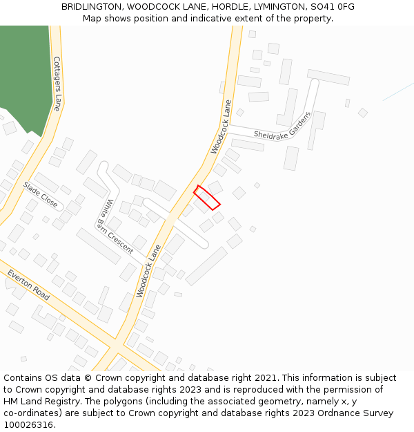 BRIDLINGTON, WOODCOCK LANE, HORDLE, LYMINGTON, SO41 0FG: Location map and indicative extent of plot