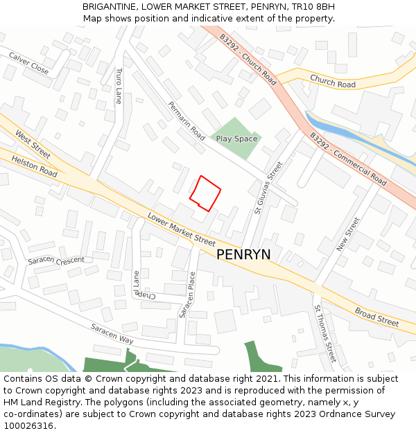 BRIGANTINE, LOWER MARKET STREET, PENRYN, TR10 8BH: Location map and indicative extent of plot