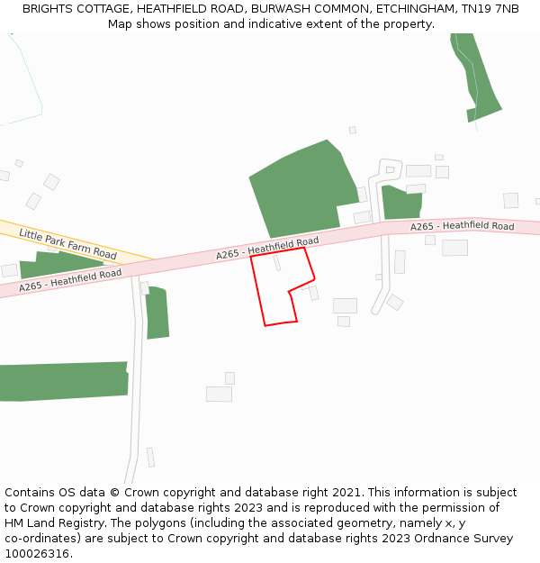 BRIGHTS COTTAGE, HEATHFIELD ROAD, BURWASH COMMON, ETCHINGHAM, TN19 7NB: Location map and indicative extent of plot