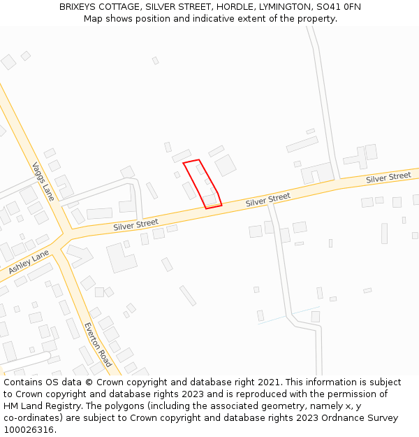 BRIXEYS COTTAGE, SILVER STREET, HORDLE, LYMINGTON, SO41 0FN: Location map and indicative extent of plot