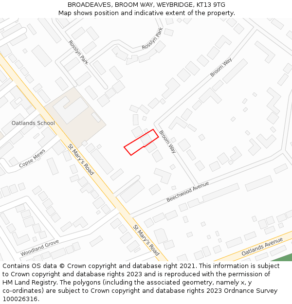 BROADEAVES, BROOM WAY, WEYBRIDGE, KT13 9TG: Location map and indicative extent of plot